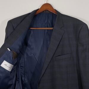 Peter Millar Sport Coat 52R Charcoal & Blue Plaid Blazer Wool Union Made